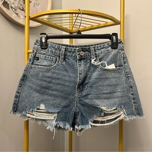 KanCan Distressed Frayed Hems high rise Blue Denim Jean Shorts size 1/24 NEW